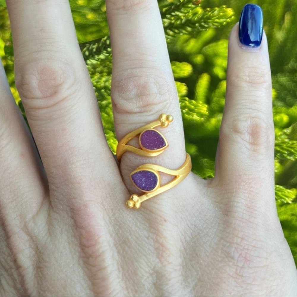 Purple Druzy Matte Gold Ring